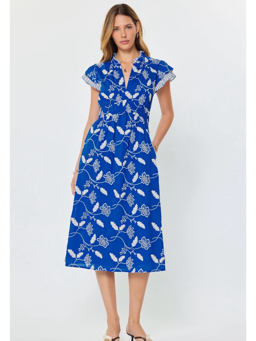 Current Air Blue White Embroidered Midi Dress Size M
